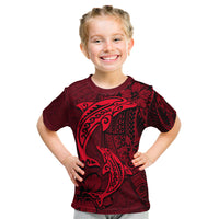 Polynesian Dolphin Valentine Day Kid T Shirt Hibiscus and Tribal Tattoo Red Style LT03 Red - Polynesian Pride