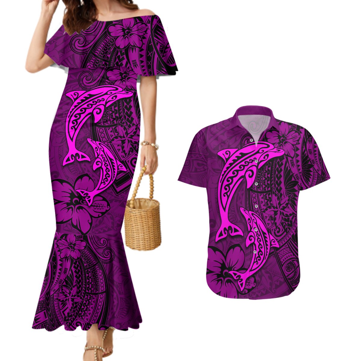 Polynesian Dolphin Valentine Day Couples Matching Mermaid Dress and Hawaiian Shirt Hibiscus and Tribal Tattoo Pink Style LT03 Pink - Polynesian Pride