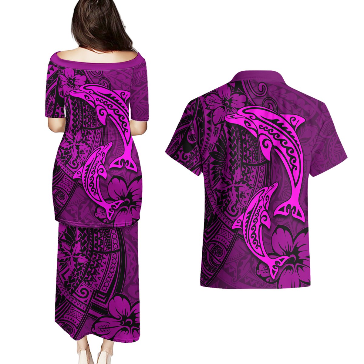Polynesian Dolphin Valentine Day Couples Matching Puletasi and Hawaiian Shirt Hibiscus and Tribal Tattoo Pink Style LT03 - Polynesian Pride