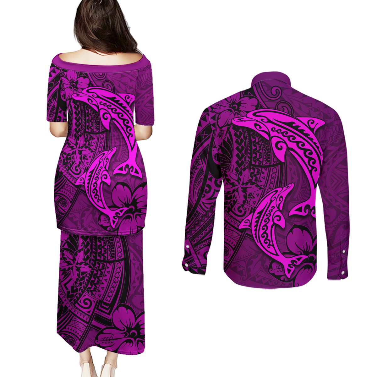 Polynesian Dolphin Valentine Day Couples Matching Puletasi and Long Sleeve Button Shirt Hibiscus and Tribal Tattoo Pink Style LT03 - Polynesian Pride