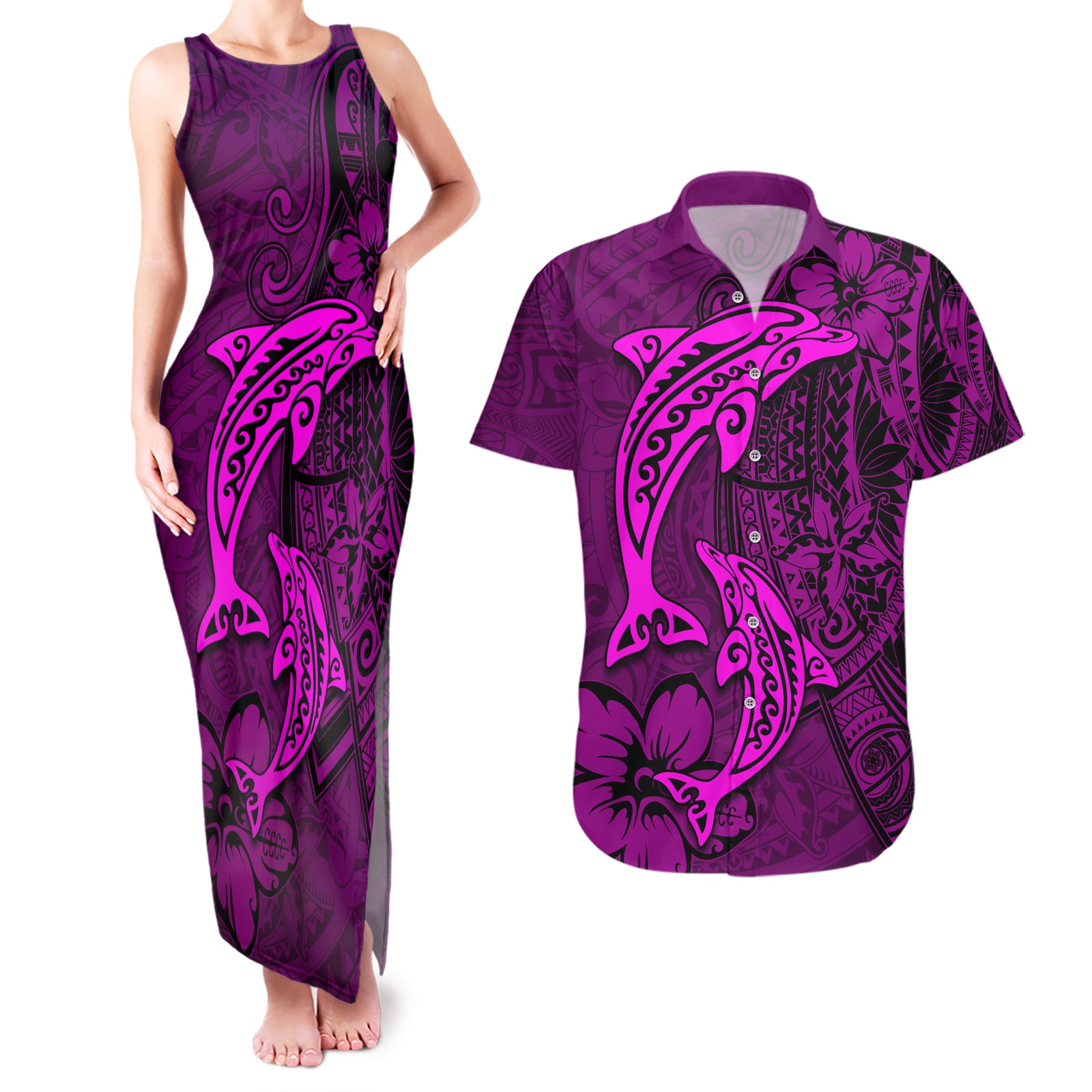 Polynesian Dolphin Valentine Day Couples Matching Tank Maxi Dress and Hawaiian Shirt Hibiscus and Tribal Tattoo Pink Style LT03 Pink - Polynesian Pride
