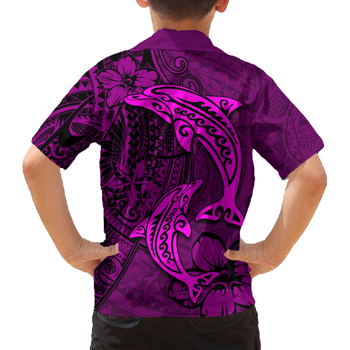 Polynesian Dolphin Valentine Day Family Matching Off Shoulder Short Dress and Hawaiian Shirt Hibiscus and Tribal Tattoo Pink Style LT03 - Polynesian Pride