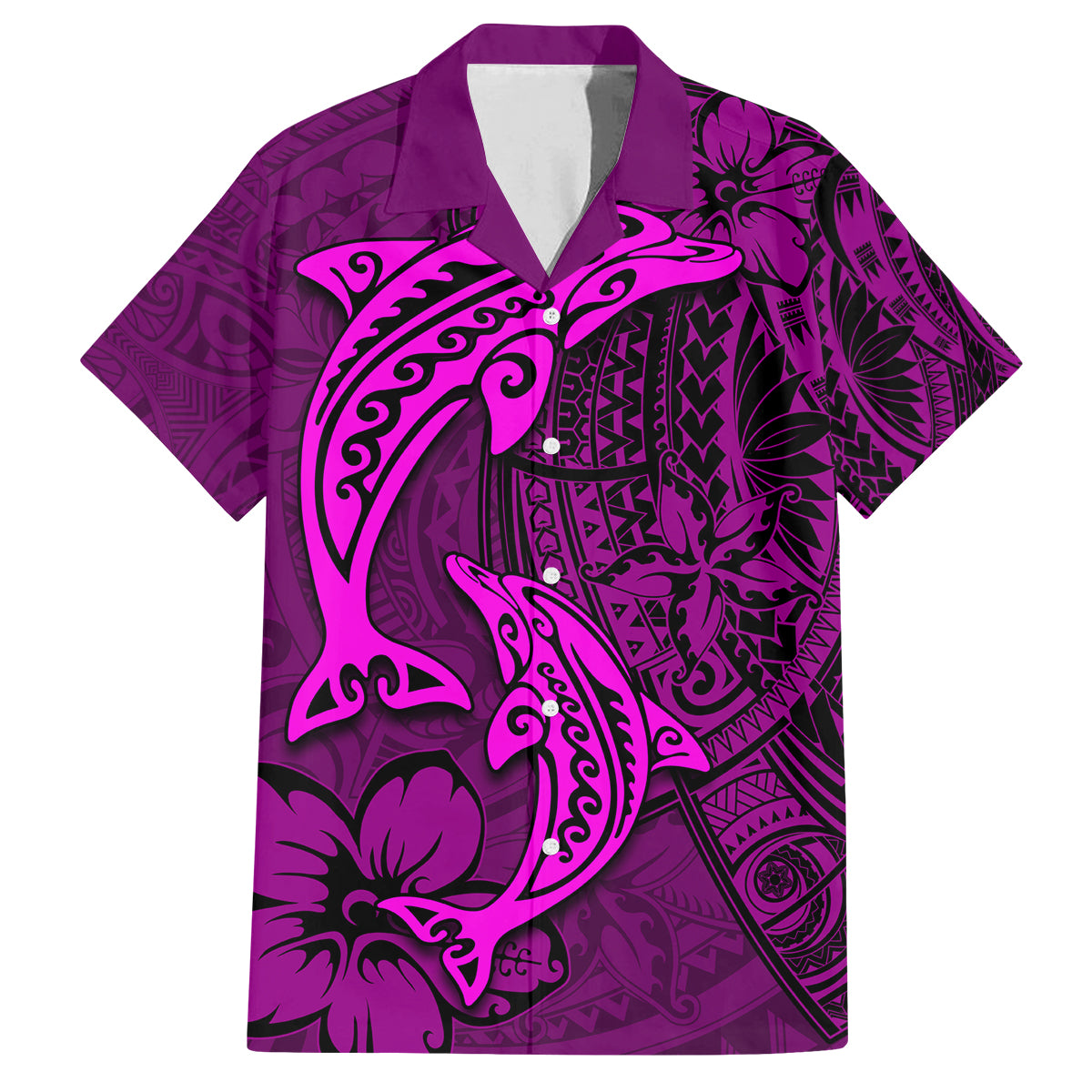 Polynesian Dolphin Valentine Day Family Matching Off Shoulder Short Dress and Hawaiian Shirt Hibiscus and Tribal Tattoo Pink Style LT03 Dad's Shirt - Short Sleeve Pink - Polynesian Pride