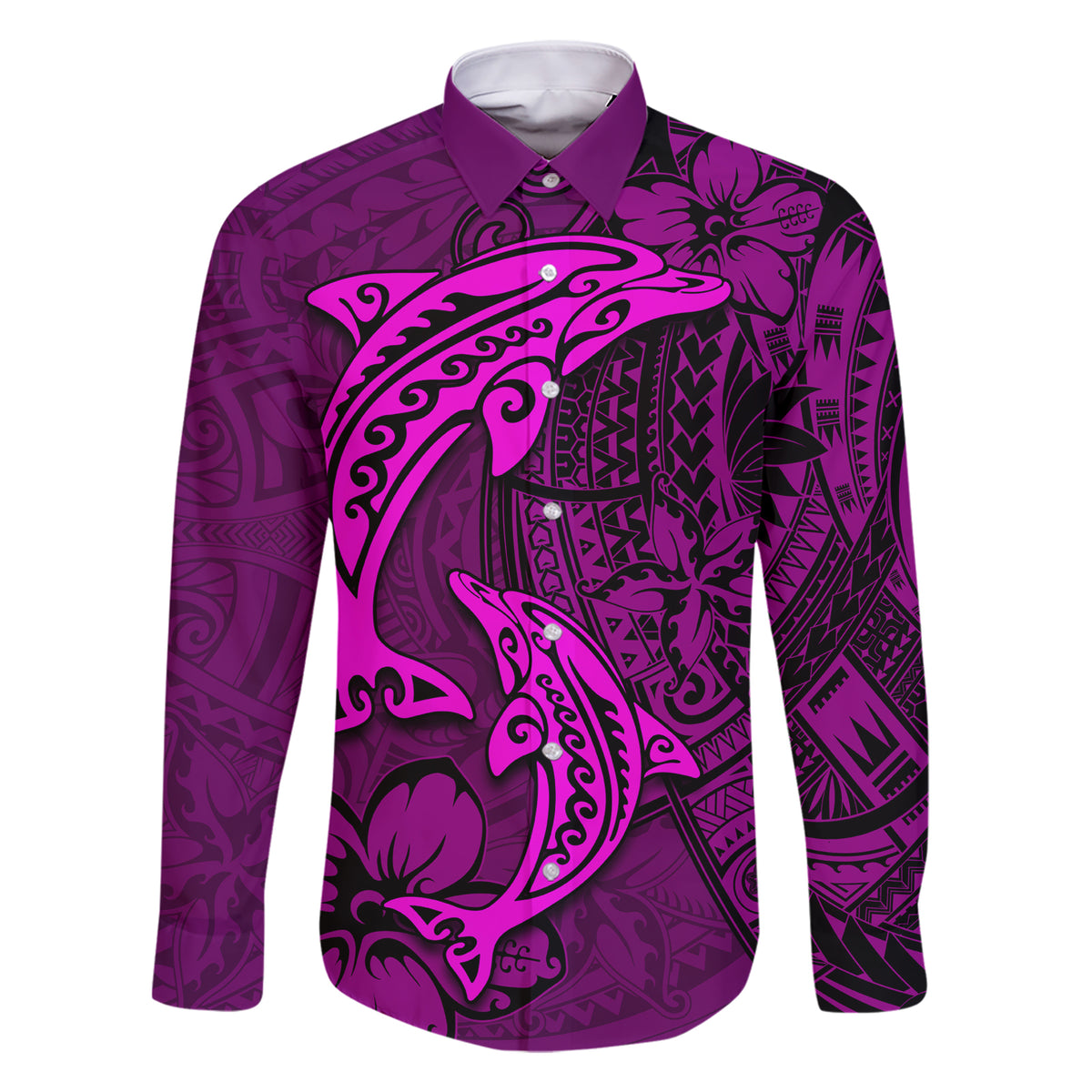 Polynesian Dolphin Valentine Day Family Matching Short Sleeve Bodycon Dress and Hawaiian Shirt Hibiscus and Tribal Tattoo Pink Style LT03 Dad's Shirt - Long Sleeve Pink - Polynesian Pride