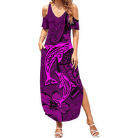 Polynesian Dolphin Valentine Day Family Matching Summer Maxi Dress and Hawaiian Shirt Hibiscus and Tribal Tattoo Pink Style LT03 Mom's Dress Pink - Polynesian Pride