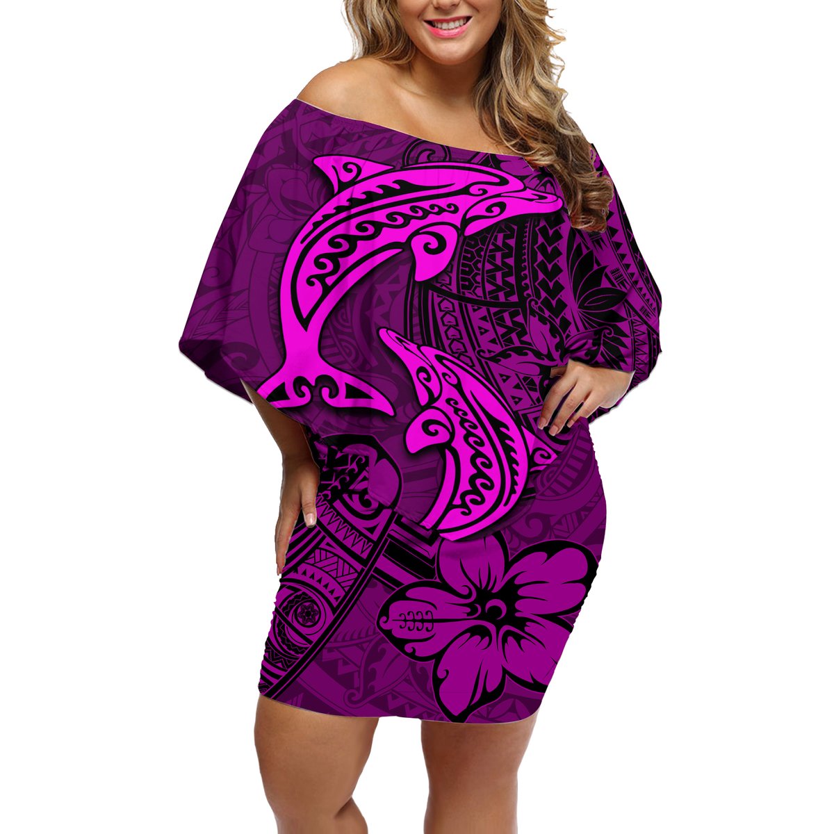 Polynesian Dolphin Valentine Day Off Shoulder Short Dress Hibiscus and Tribal Tattoo Pink Style LT03 Women Pink - Polynesian Pride