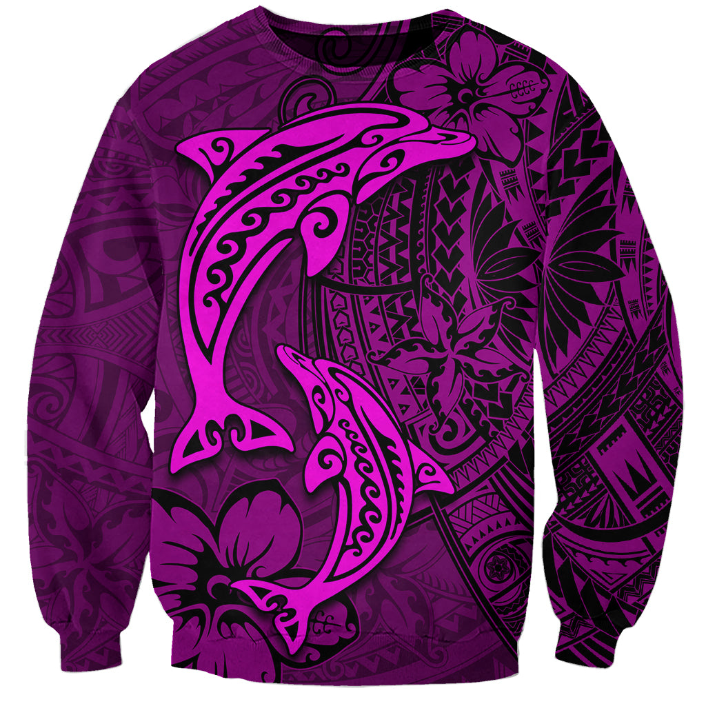 Polynesian Dolphin Valentine Day Sweatshirt Hibiscus and Tribal Tattoo Pink Style LT03 Unisex Pink - Polynesian Pride