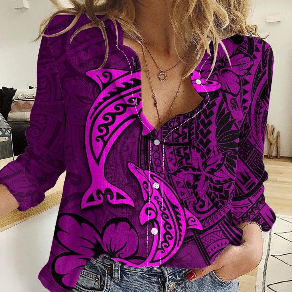 Polynesian Dolphin Valentine Day Women Casual Shirt Hibiscus and Tribal Tattoo Pink Style LT03 Female Pink - Polynesian Pride