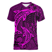Polynesian Dolphin Valentine Day Women V Neck T Shirt Hibiscus and Tribal Tattoo Pink Style LT03 Female Pink - Polynesian Pride