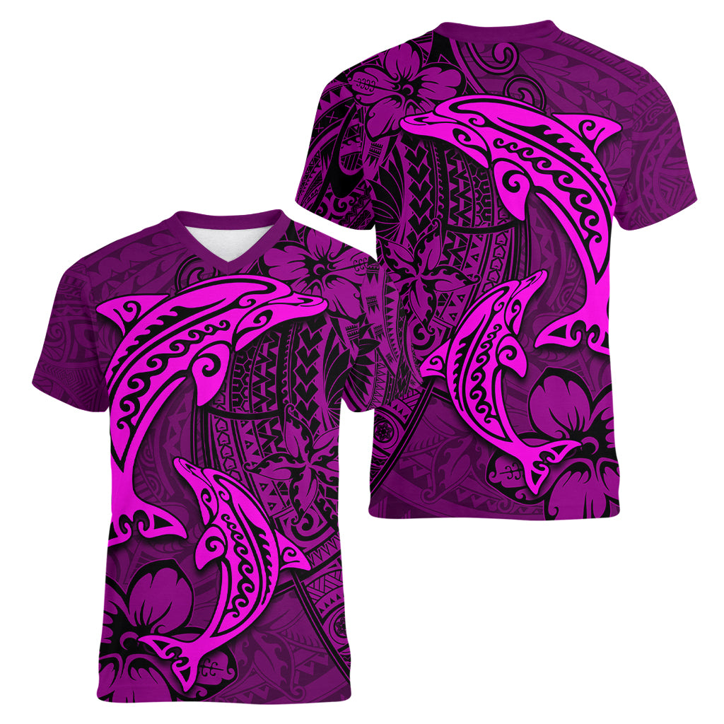 Polynesian Dolphin Valentine Day Women V Neck T Shirt Hibiscus and Tribal Tattoo Pink Style LT03 - Polynesian Pride