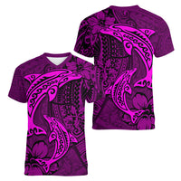 Polynesian Dolphin Valentine Day Women V Neck T Shirt Hibiscus and Tribal Tattoo Pink Style LT03 - Polynesian Pride