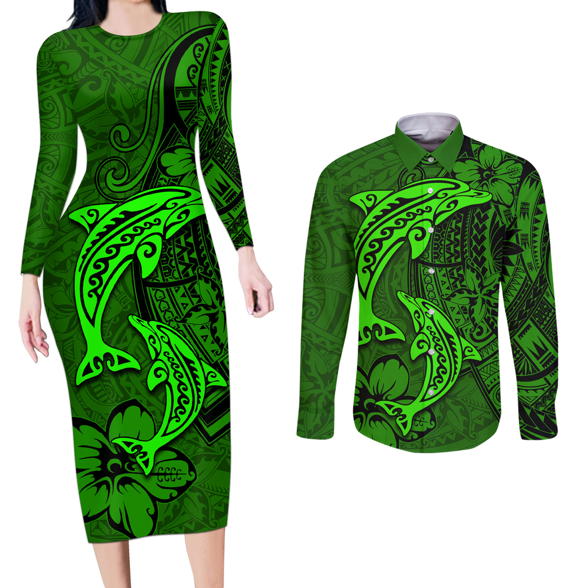 Polynesian Dolphin Valentine Day Couples Matching Long Sleeve Bodycon Dress and Long Sleeve Button Shirt Hibiscus and Tribal Tattoo Green Style LT03 Green - Polynesian Pride