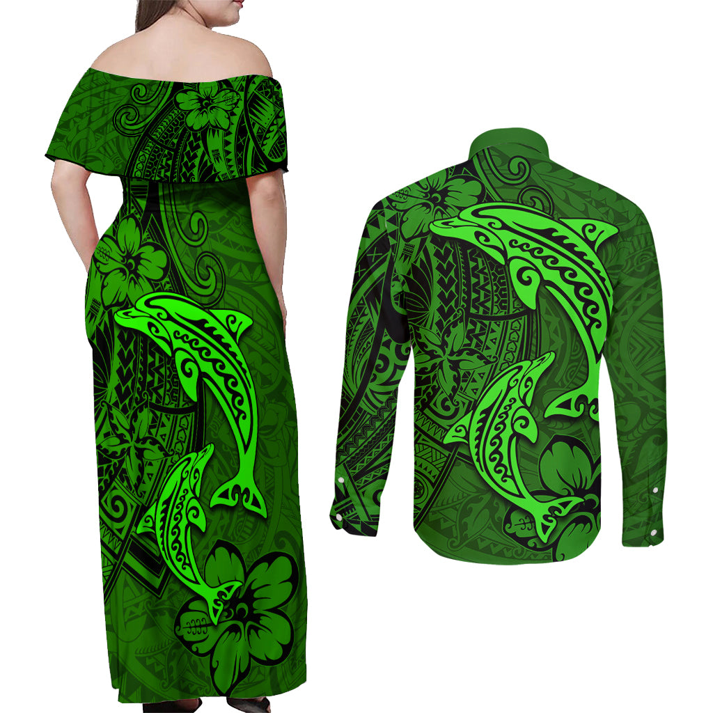 Polynesian Dolphin Valentine Day Couples Matching Off Shoulder Maxi Dress and Long Sleeve Button Shirt Hibiscus and Tribal Tattoo Green Style LT03 - Polynesian Pride