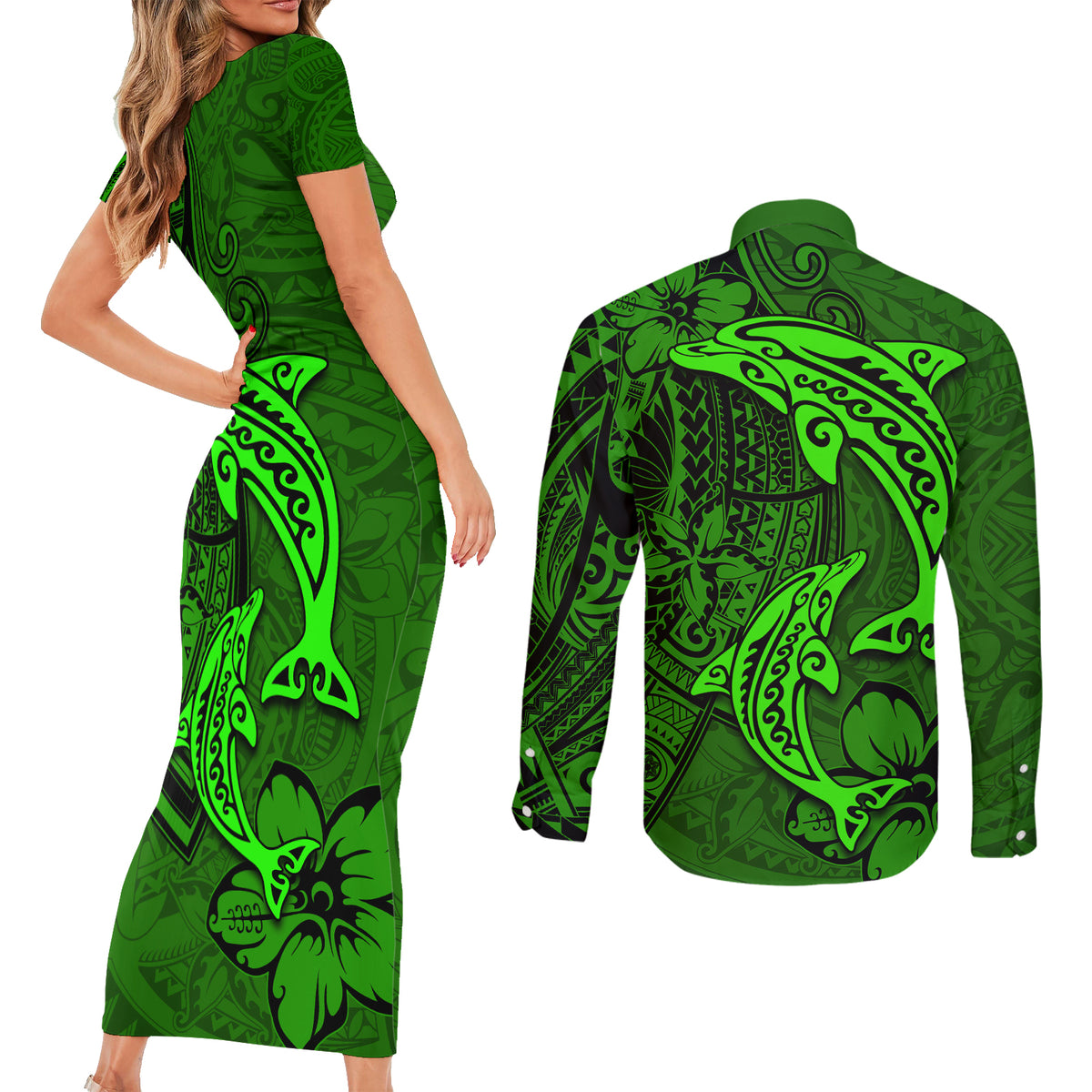 Polynesian Dolphin Valentine Day Couples Matching Short Sleeve Bodycon Dress and Long Sleeve Button Shirt Hibiscus and Tribal Tattoo Green Style LT03 - Polynesian Pride
