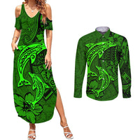 Polynesian Dolphin Valentine Day Couples Matching Summer Maxi Dress and Long Sleeve Button Shirt Hibiscus and Tribal Tattoo Green Style LT03 Green - Polynesian Pride