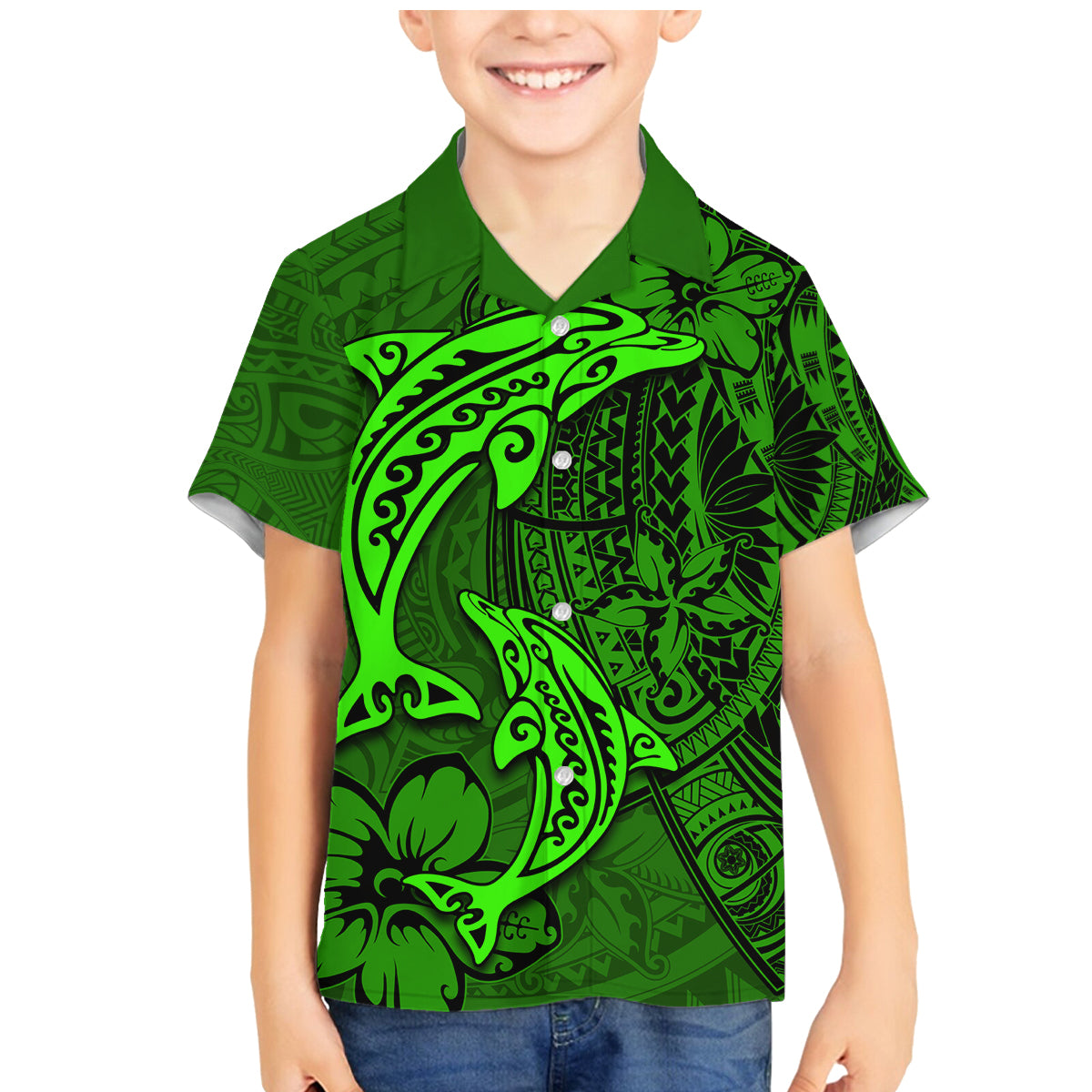 Polynesian Dolphin Valentine Day Family Matching Mermaid Dress and Hawaiian Shirt Hibiscus and Tribal Tattoo Green Style LT03 Son's Shirt Green - Polynesian Pride