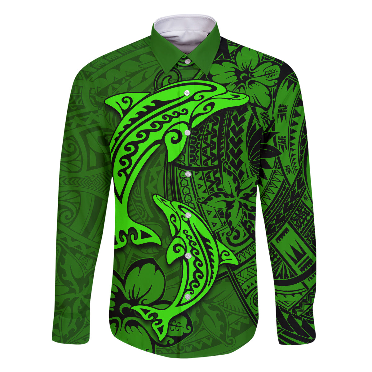 Polynesian Dolphin Valentine Day Family Matching Off Shoulder Maxi Dress and Hawaiian Shirt Hibiscus and Tribal Tattoo Green Style LT03 Dad's Shirt - Long Sleeve Green - Polynesian Pride