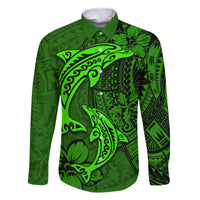 Polynesian Dolphin Valentine Day Family Matching Off Shoulder Maxi Dress and Hawaiian Shirt Hibiscus and Tribal Tattoo Green Style LT03 Dad's Shirt - Long Sleeve Green - Polynesian Pride