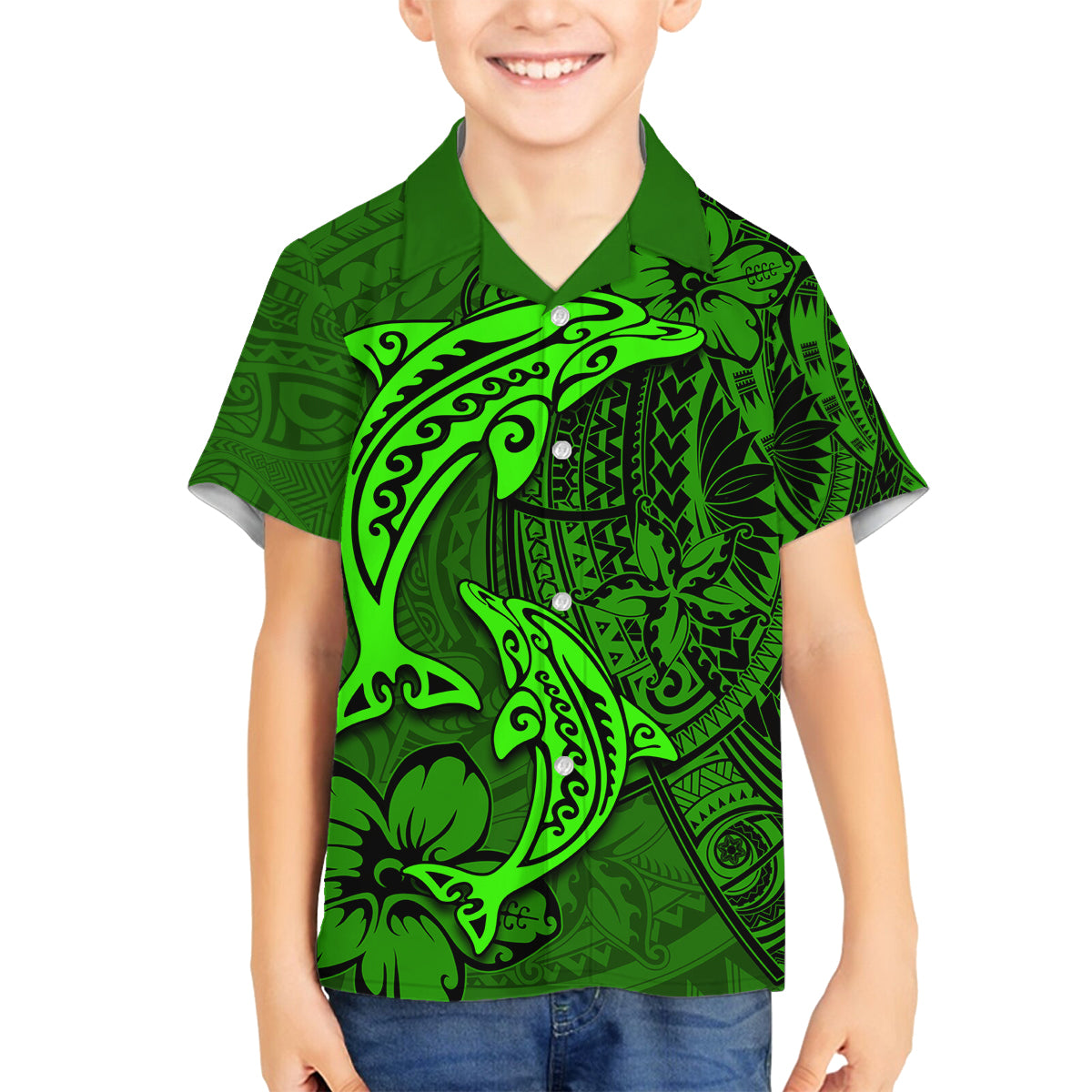 Polynesian Dolphin Valentine Day Family Matching Off Shoulder Short Dress and Hawaiian Shirt Hibiscus and Tribal Tattoo Green Style LT03 Son's Shirt Green - Polynesian Pride