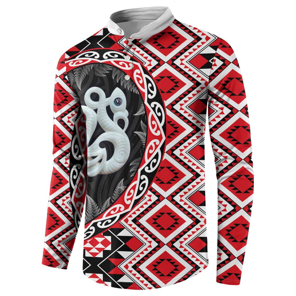 Red Taniko Motif Aotearoa Manaia and Silver Fern Button Sweatshirt