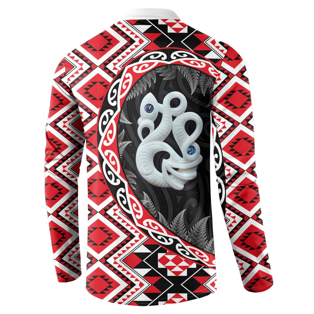 Red Taniko Motif Aotearoa Manaia and Silver Fern Button Sweatshirt