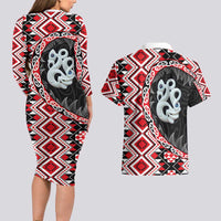 Red Taniko Motif Aotearoa Manaia and Silver Fern Couples Matching Long Sleeve Bodycon Dress and Hawaiian Shirt LT03 - Polynesian Pride