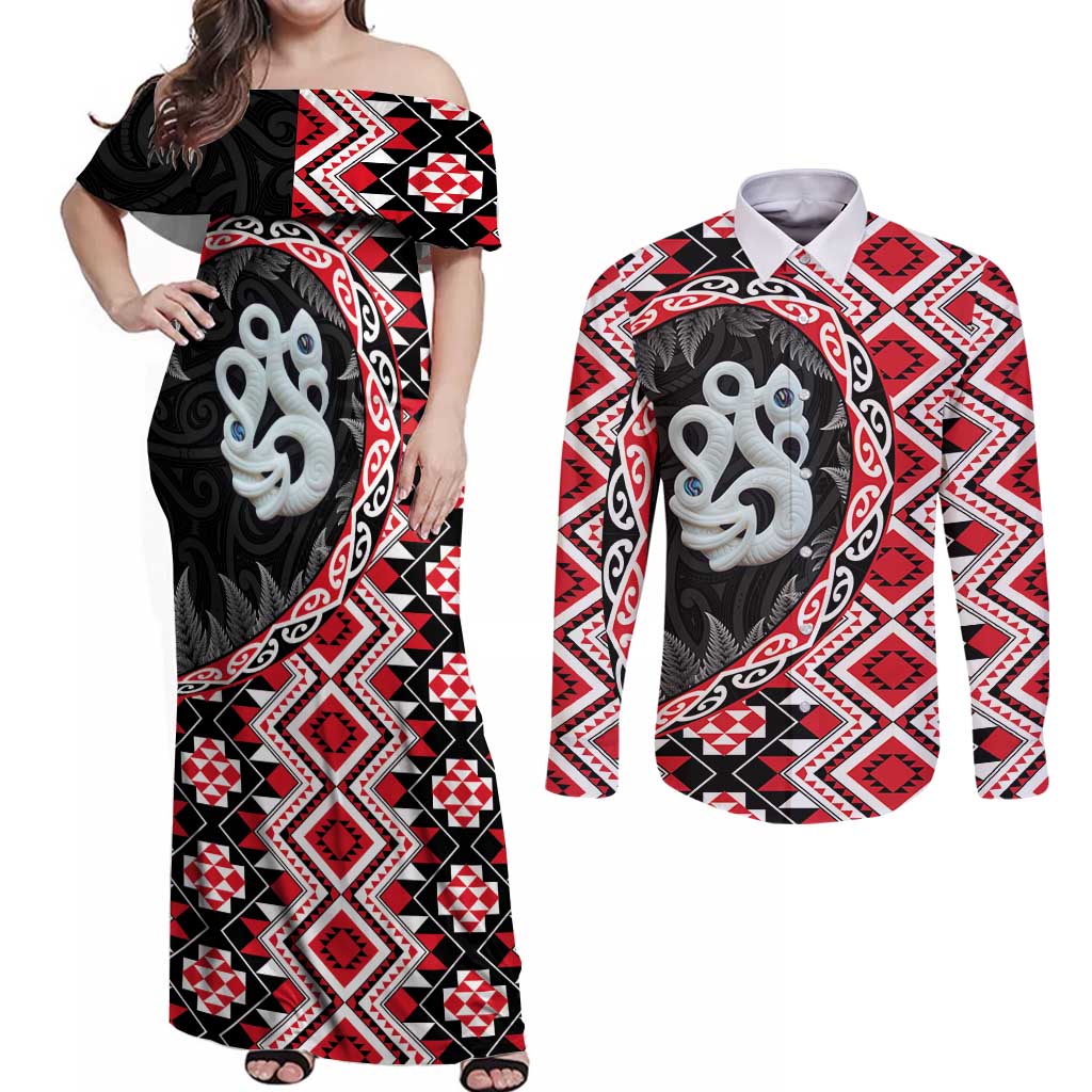 Red Taniko Motif Aotearoa Manaia and Silver Fern Couples Matching Off Shoulder Maxi Dress and Long Sleeve Button Shirt