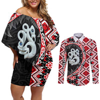 Red Taniko Motif Aotearoa Manaia and Silver Fern Couples Matching Off Shoulder Short Dress and Long Sleeve Button Shirt