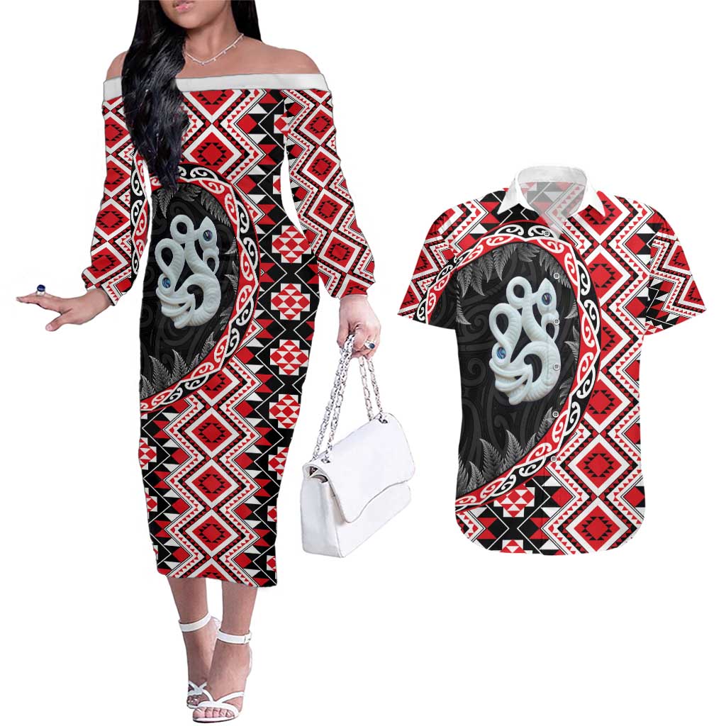 Red Taniko Motif Aotearoa Manaia and Silver Fern Couples Matching Off The Shoulder Long Sleeve Dress and Hawaiian Shirt LT03 Red - Polynesian Pride
