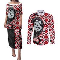 Red Taniko Motif Aotearoa Manaia and Silver Fern Couples Matching Puletasi and Long Sleeve Button Shirt