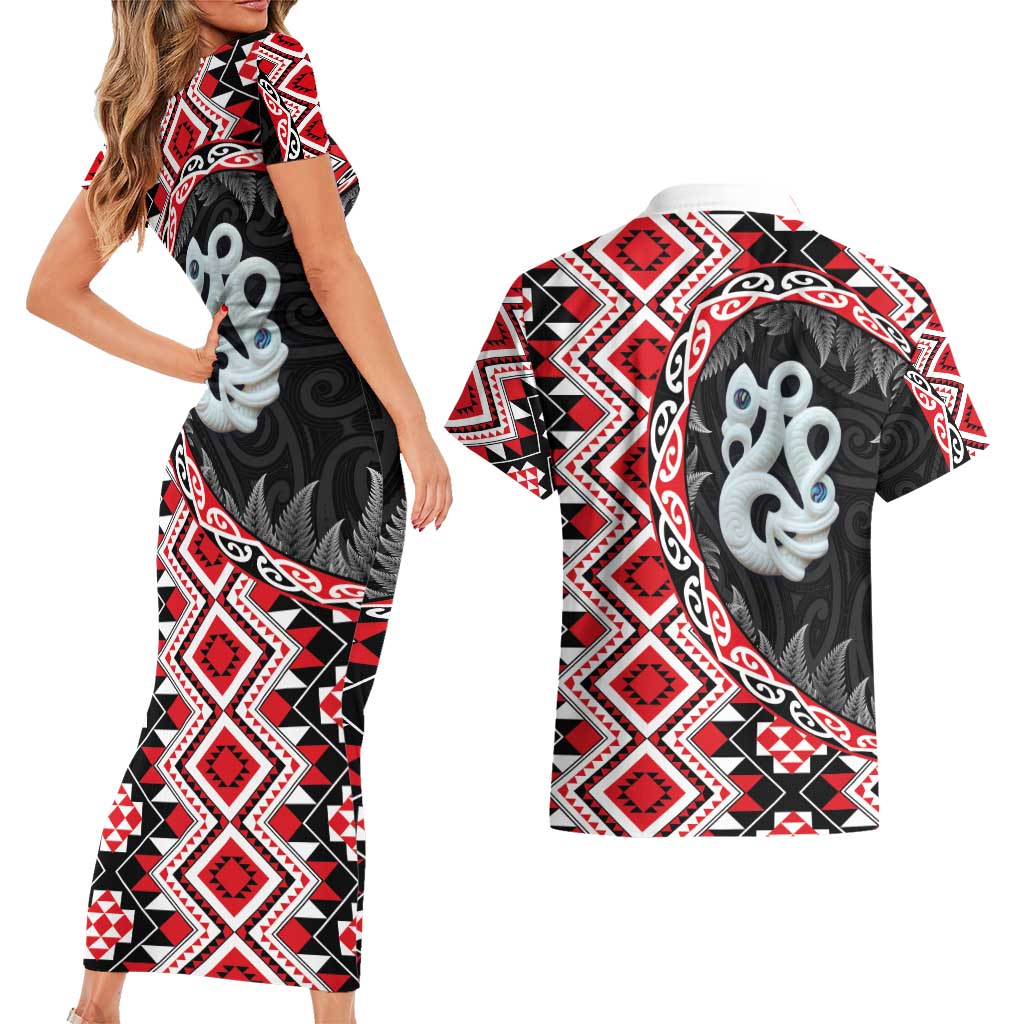 Red Taniko Motif Aotearoa Manaia and Silver Fern Couples Matching Short Sleeve Bodycon Dress and Hawaiian Shirt LT03 - Polynesian Pride