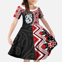 Red Taniko Motif Aotearoa Manaia and Silver Fern Family Matching Long Sleeve Bodycon Dress and Hawaiian Shirt LT03 Daughter's Dress Red - Polynesian Pride