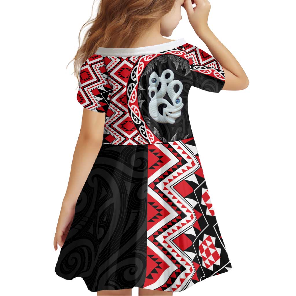 Red Taniko Motif Aotearoa Manaia and Silver Fern Family Matching Long Sleeve Bodycon Dress and Hawaiian Shirt LT03 - Polynesian Pride