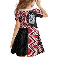 Red Taniko Motif Aotearoa Manaia and Silver Fern Family Matching Long Sleeve Bodycon Dress and Hawaiian Shirt LT03 - Polynesian Pride