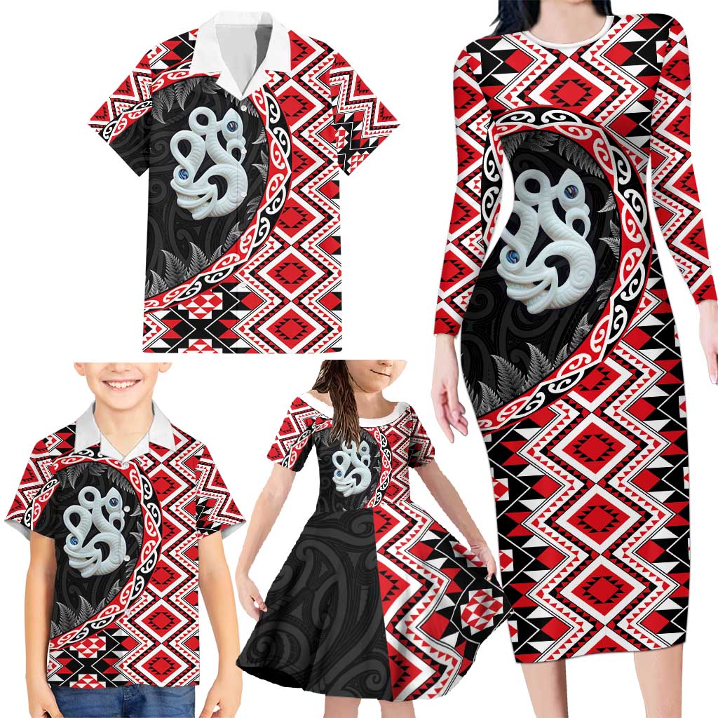 Red Taniko Motif Aotearoa Manaia and Silver Fern Family Matching Long Sleeve Bodycon Dress and Hawaiian Shirt LT03 - Polynesian Pride