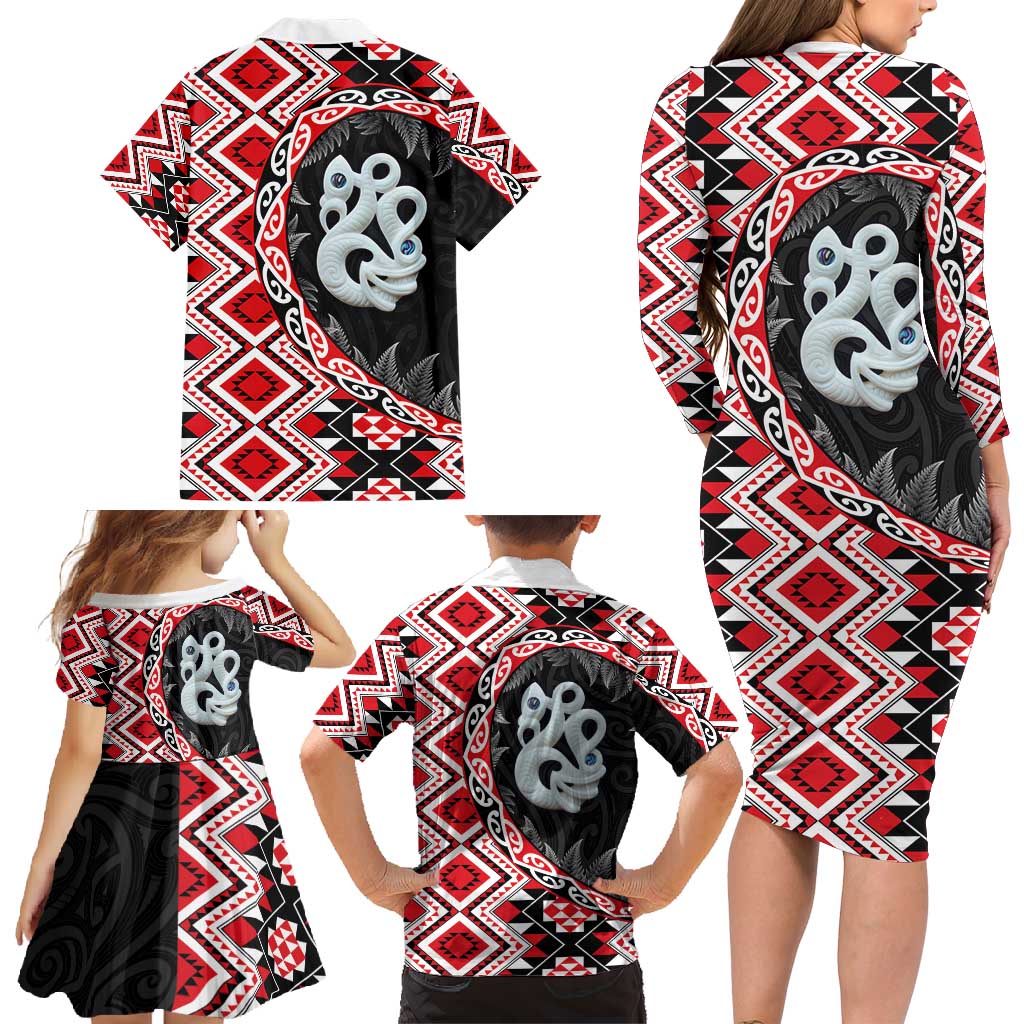 Red Taniko Motif Aotearoa Manaia and Silver Fern Family Matching Long Sleeve Bodycon Dress and Hawaiian Shirt LT03 - Polynesian Pride