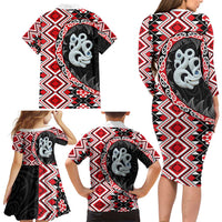 Red Taniko Motif Aotearoa Manaia and Silver Fern Family Matching Long Sleeve Bodycon Dress and Hawaiian Shirt LT03 - Polynesian Pride