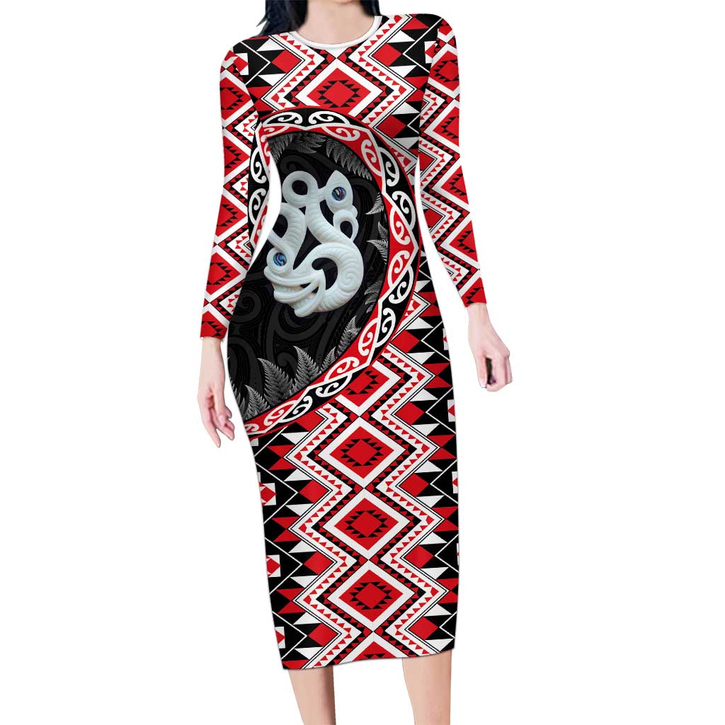 Red Taniko Motif Aotearoa Manaia and Silver Fern Family Matching Long Sleeve Bodycon Dress and Hawaiian Shirt LT03 Mom's Dress Red - Polynesian Pride