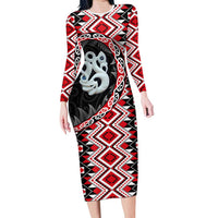 Red Taniko Motif Aotearoa Manaia and Silver Fern Family Matching Long Sleeve Bodycon Dress and Hawaiian Shirt LT03 Mom's Dress Red - Polynesian Pride
