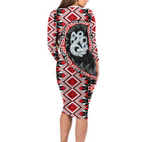 Red Taniko Motif Aotearoa Manaia and Silver Fern Family Matching Long Sleeve Bodycon Dress and Hawaiian Shirt LT03 - Polynesian Pride
