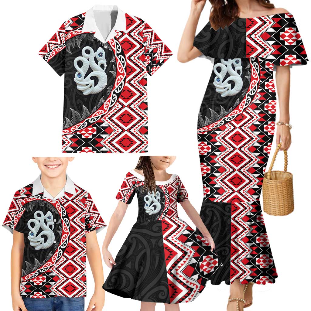 Red Taniko Motif Aotearoa Manaia and Silver Fern Family Matching Mermaid Dress and Hawaiian Shirt LT03 - Polynesian Pride
