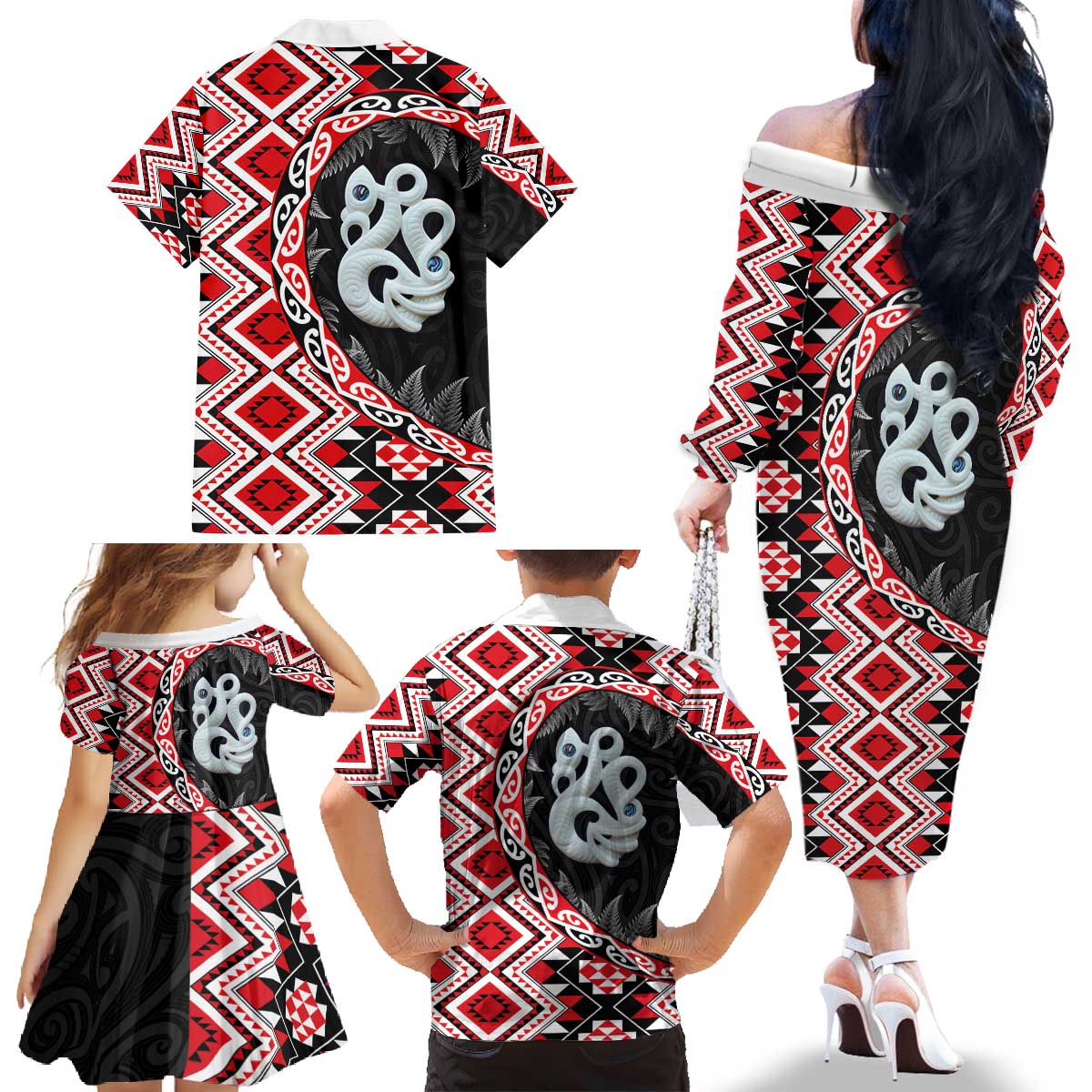 Red Taniko Motif Aotearoa Manaia and Silver Fern Family Matching Off The Shoulder Long Sleeve Dress and Hawaiian Shirt LT03 - Polynesian Pride