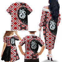 Red Taniko Motif Aotearoa Manaia and Silver Fern Family Matching Off The Shoulder Long Sleeve Dress and Hawaiian Shirt LT03 - Polynesian Pride