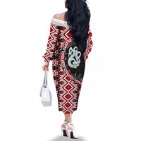 Red Taniko Motif Aotearoa Manaia and Silver Fern Family Matching Off The Shoulder Long Sleeve Dress and Hawaiian Shirt LT03 - Polynesian Pride