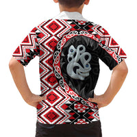 Red Taniko Motif Aotearoa Manaia and Silver Fern Family Matching Off Shoulder Maxi Dress and Hawaiian Shirt LT03 - Polynesian Pride