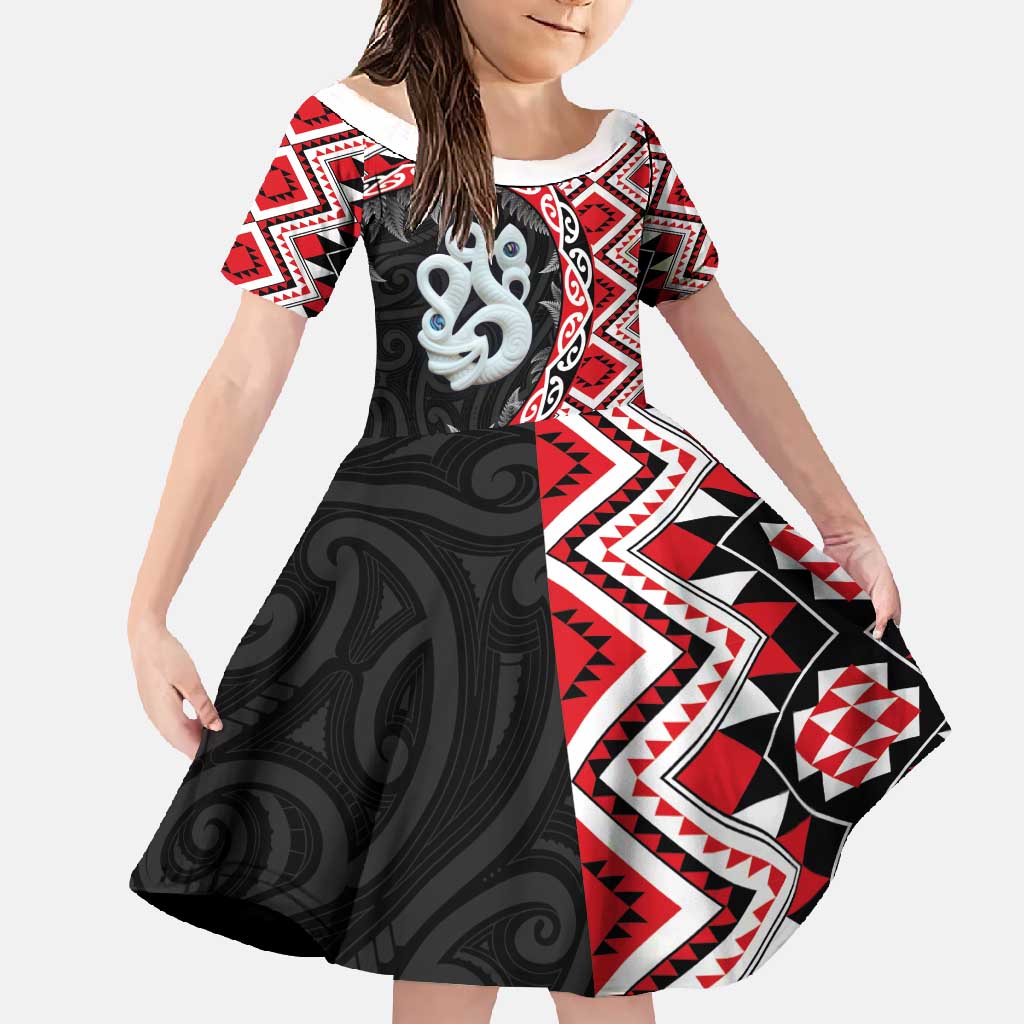 Red Taniko Motif Aotearoa Manaia and Silver Fern Family Matching Off Shoulder Maxi Dress and Hawaiian Shirt LT03 Daughter's Dress Red - Polynesian Pride