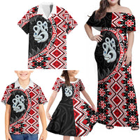 Red Taniko Motif Aotearoa Manaia and Silver Fern Family Matching Off Shoulder Maxi Dress and Hawaiian Shirt LT03 - Polynesian Pride