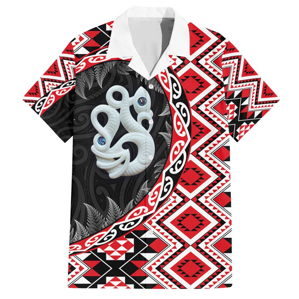 Red Taniko Motif Aotearoa Manaia and Silver Fern Family Matching Off Shoulder Maxi Dress and Hawaiian Shirt LT03 Dad's Shirt - Short Sleeve Red - Polynesian Pride