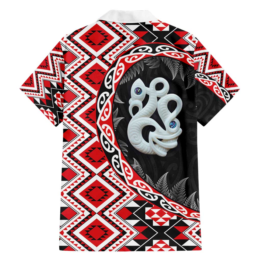 Red Taniko Motif Aotearoa Manaia and Silver Fern Family Matching Off Shoulder Maxi Dress and Hawaiian Shirt LT03 - Polynesian Pride