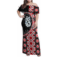 Red Taniko Motif Aotearoa Manaia and Silver Fern Family Matching Off Shoulder Maxi Dress and Hawaiian Shirt LT03 Mom's Dress Red - Polynesian Pride